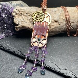 Steampunk Amethyst Gemstone Statement Pendant Purple Beaded Fringe Necklace